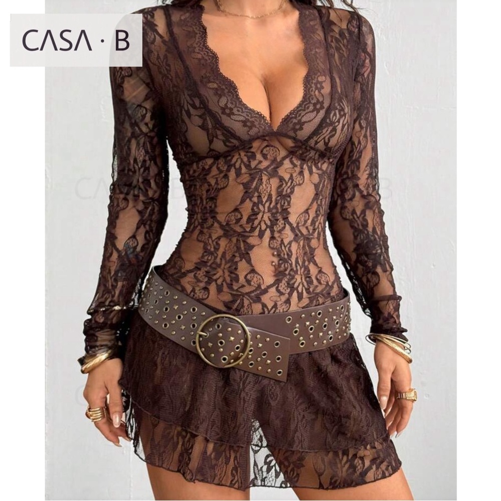 NEW🔥CASA B| The Sahara Sol Sheer Brown Lace Festival Mini Dress